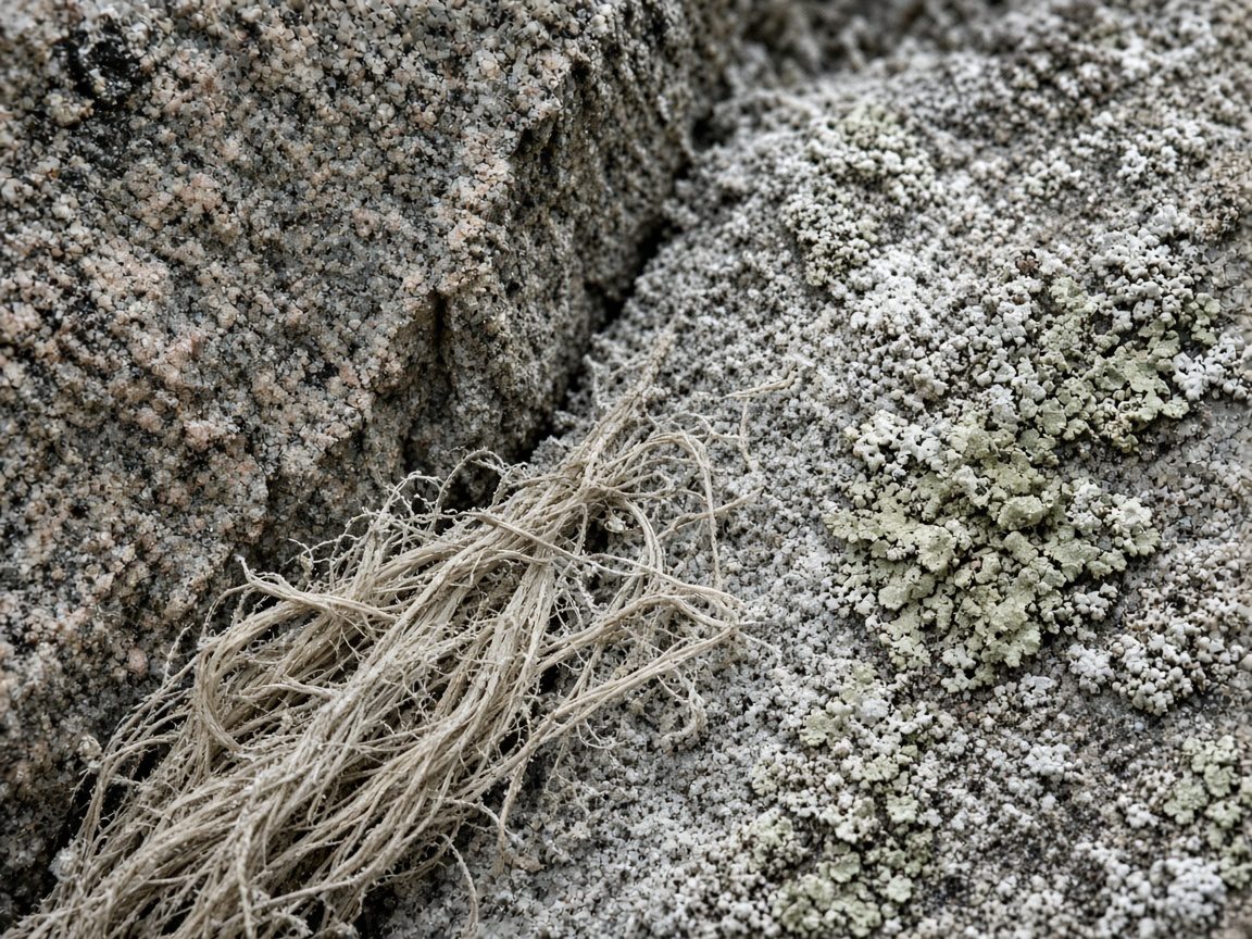 Makro einer gespaltenen Granitfläche mit Flechtenrest