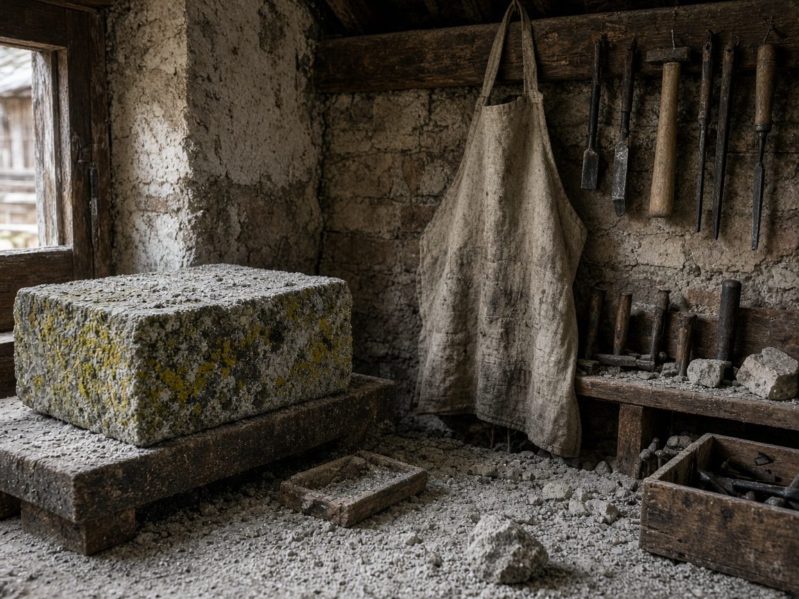 Leere Steinmetzhalle mit Sägebock und Staub auf dem Boden